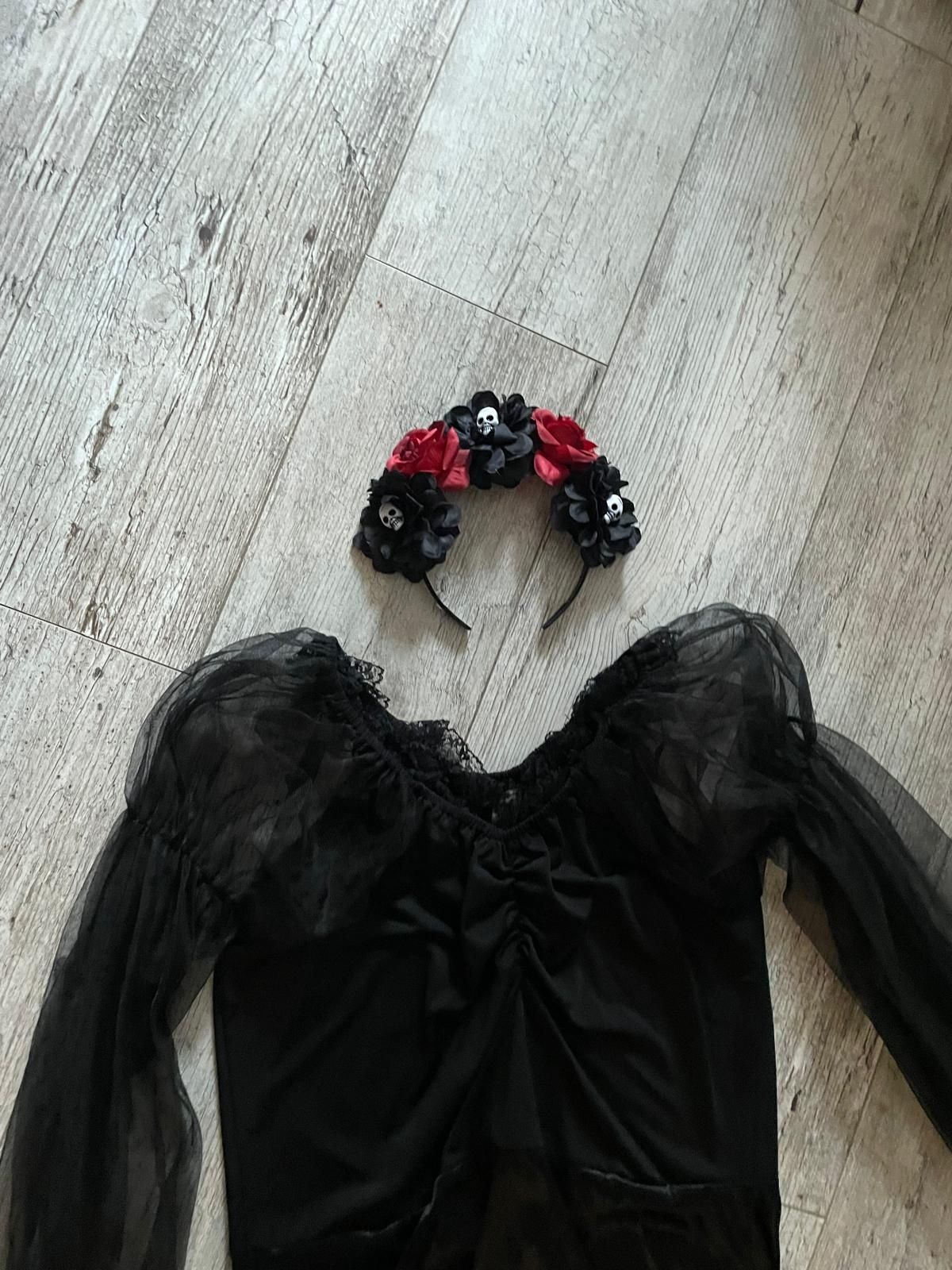 Super strój na Halloween sukienka +opaska róże i czachy roz..M-L - XL