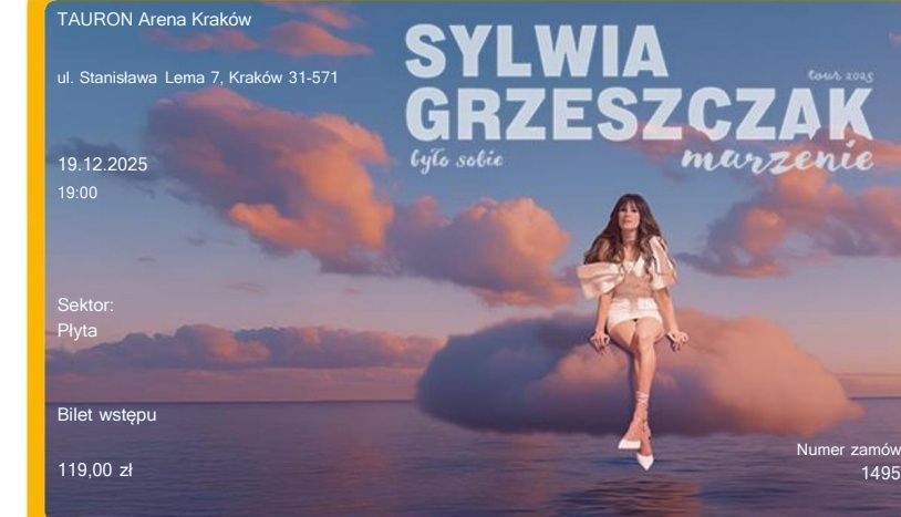 2 bilety na koncert Sylwii Grzeszczak w Tauron Arenie - płyta główna