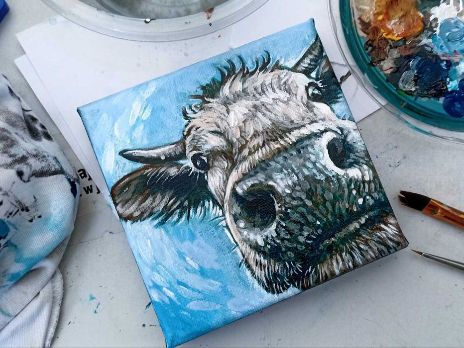 Krowa, obrazek ręcznie malowany 10x10cm