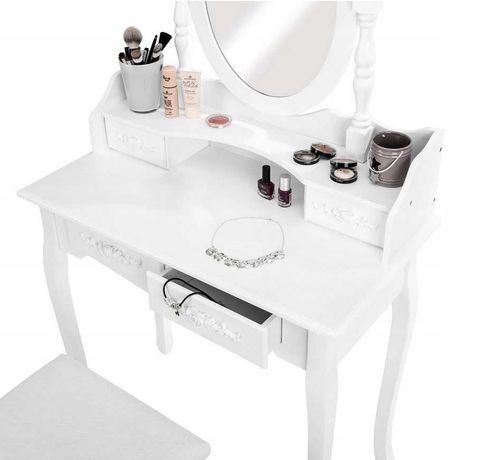 [NOWA] Toaletka kosmetyczna z lustrem biała + taboret