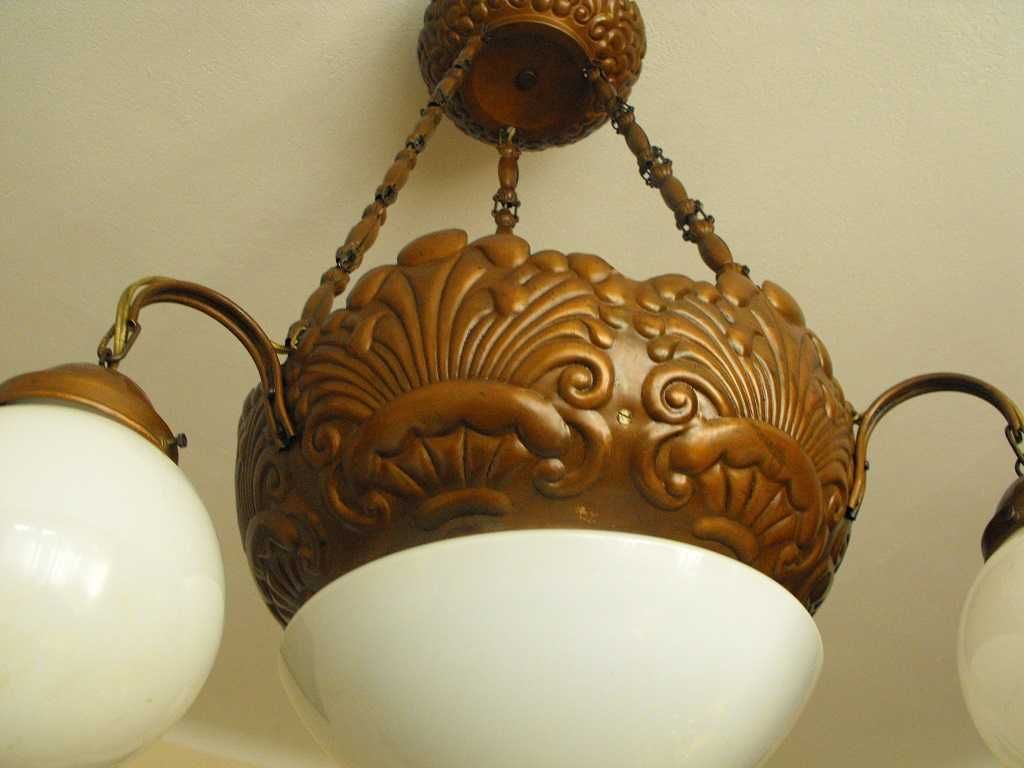 Oryginalny, miedziany żyrandol/lampa z kloszami