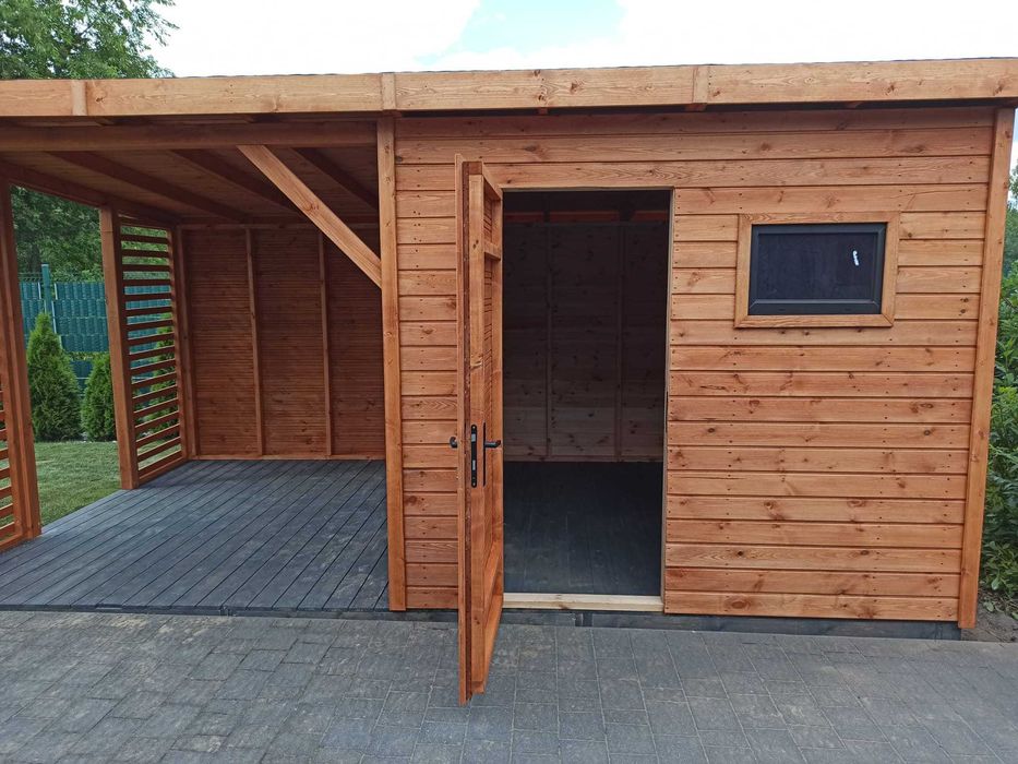 Domek narzędziowy ogrodowy drewniany z altaną "Mediolan" 6x3