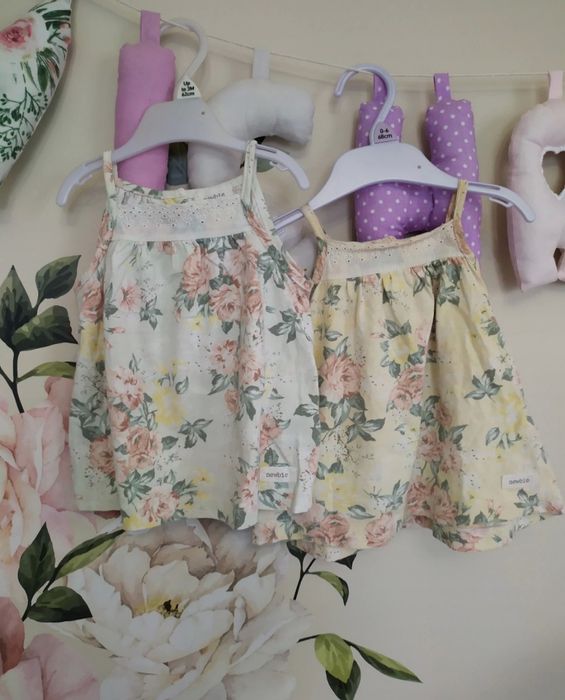 Zestaw newbie 74 top piwonie miętowe żółte, tunika, bloomersy rampers