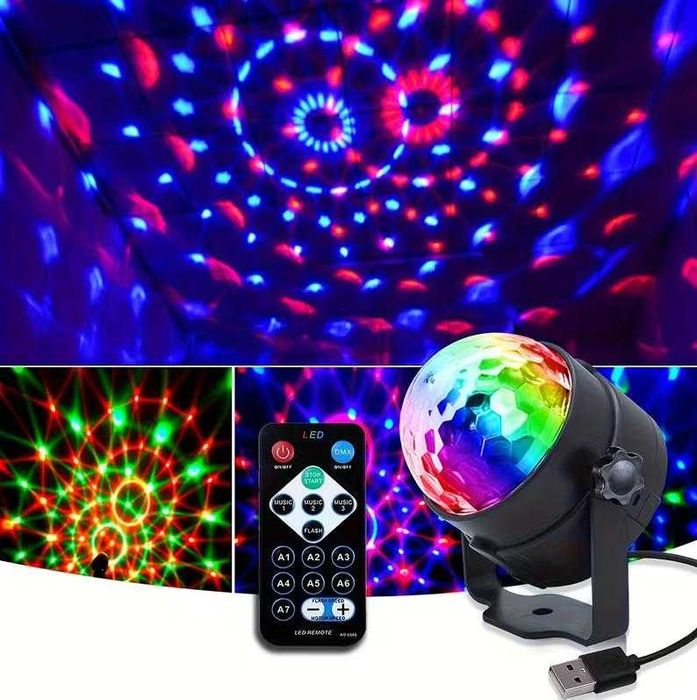 Lampa Disco RGB USB Kula Imprezowa  7 Trybów, Pilot, Regulowany Stojak