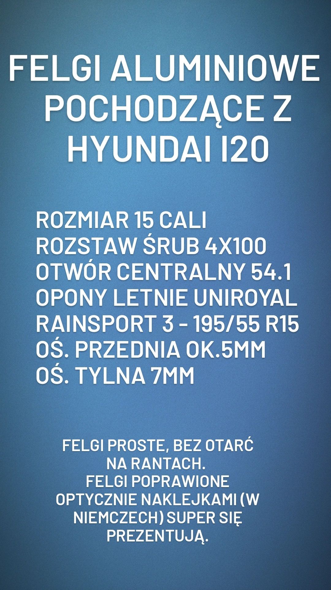 Felgi aluminiowe 4x100 Hyundai i20 alufelgi opony lato RainSport 3