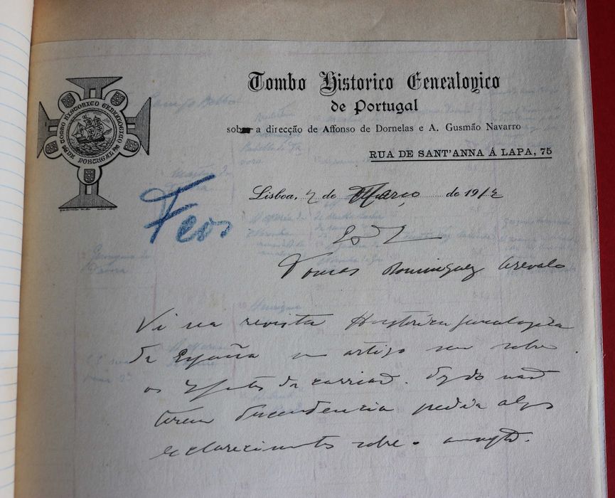Feios - Távoras de Campo Bello - caderno apontamentos genealogia 1912