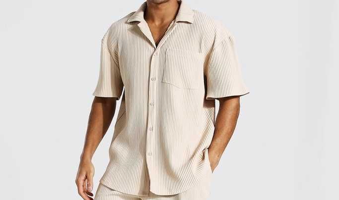 Plisowana Oversize Pleated koszula beżowa Streetwear S M L t-shirt