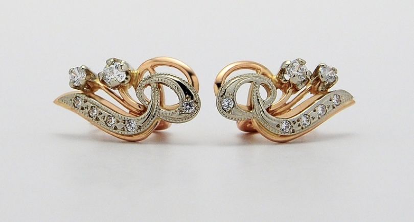 #сережки#золото 585# красное и белое# до на 2 см# цирконий