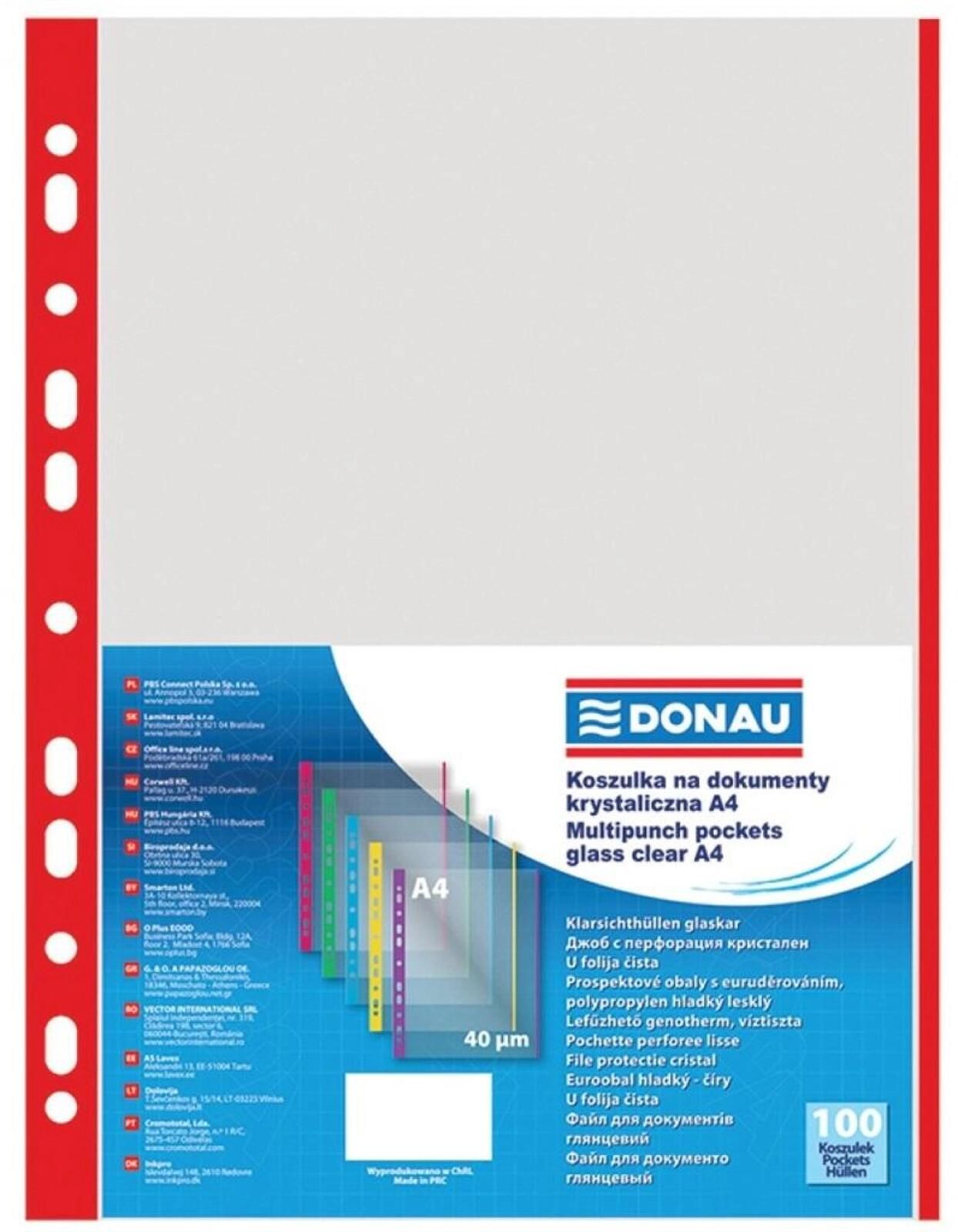 Koszulki PP A4 krystal 40mikr brzeg czerwony 100sz Donau folia,241x322