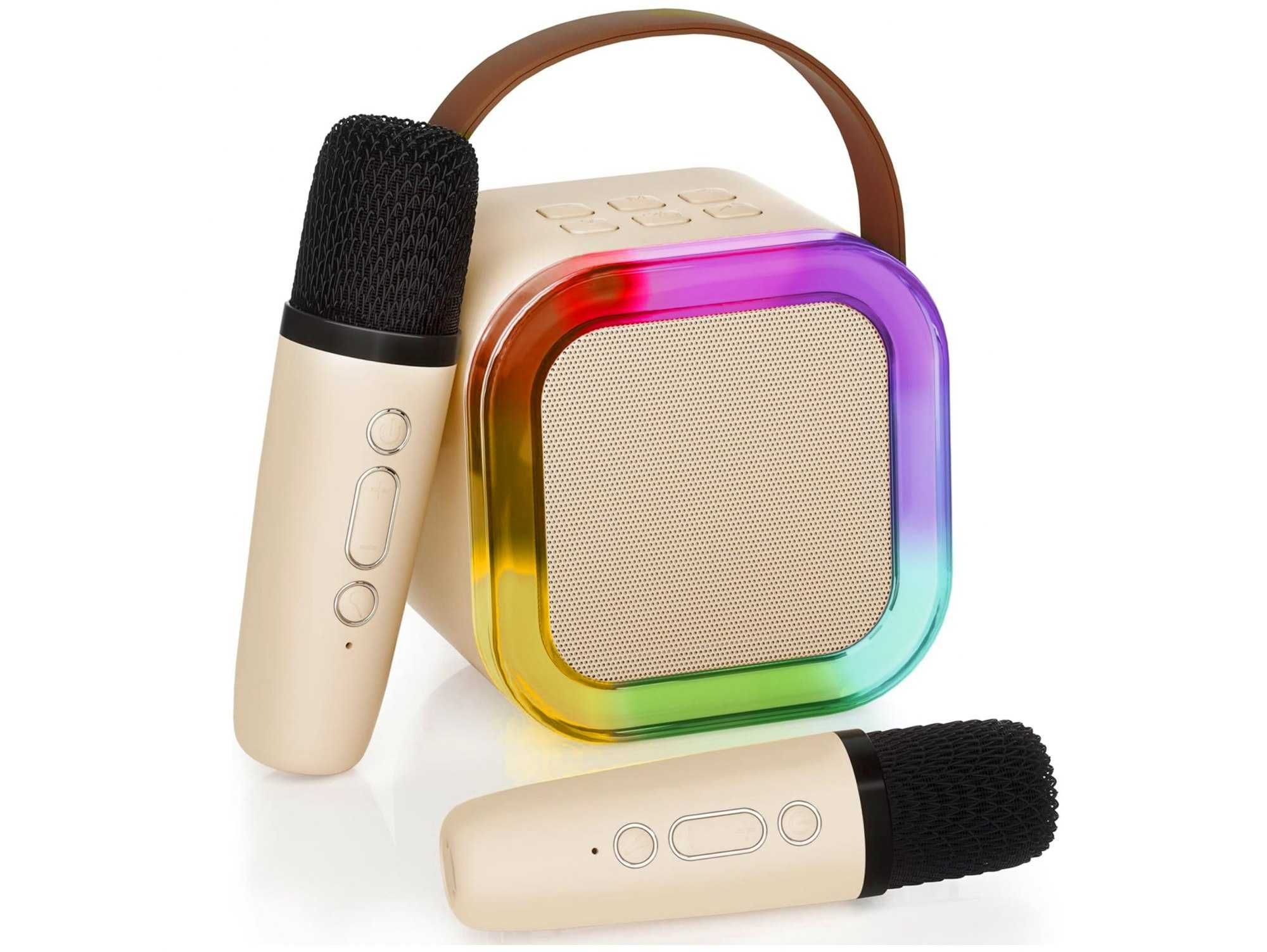 Zestaw karaoke głośnik bezprzewodowy bluetooth 2 mikrofony beżowy