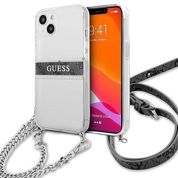 Etui Guess 4G Grey Strap Silver Chain na iPhone 13 mini - przezroczyst
