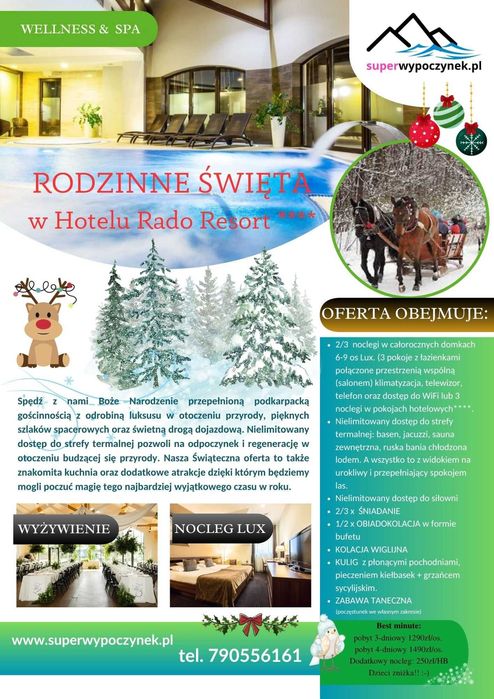 ŚWIĘTA  HOTEL 4* domki noclegi  pokoje KOLACJA kulig basen jacuzzi LAS