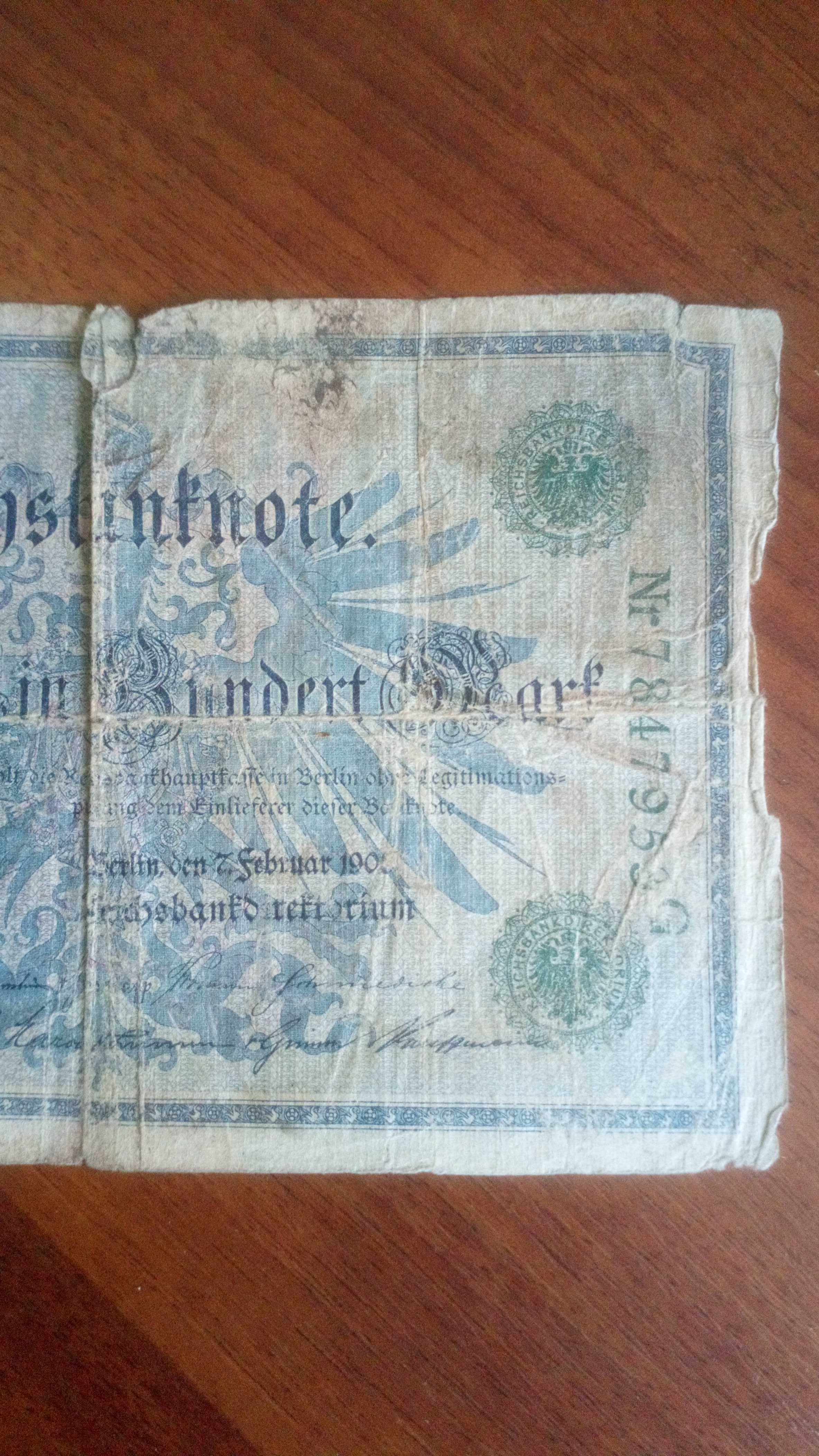 Banknot 100 marek zielona pieczęć około 1900 r.