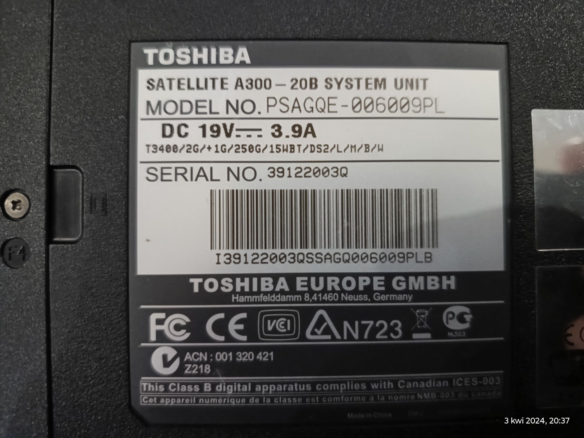 Laptop Toshiba Satellite A300 bez dysku