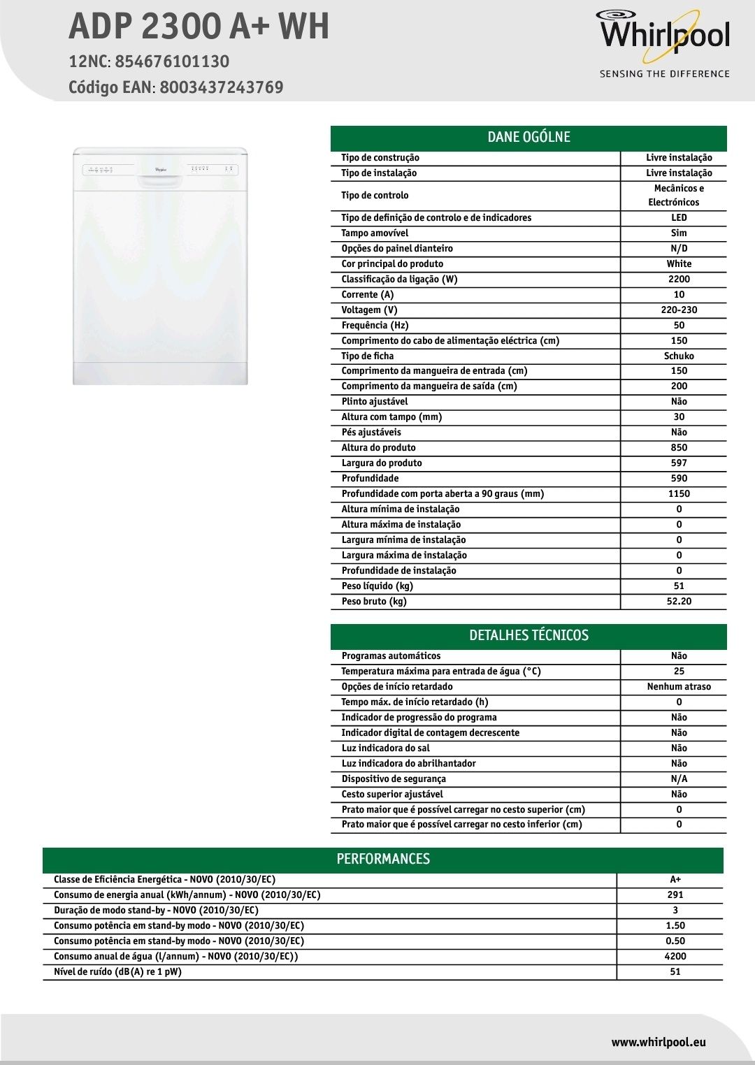 Maquina de lavar loiça WHIRLPOOL ADP 2300 A+ WH