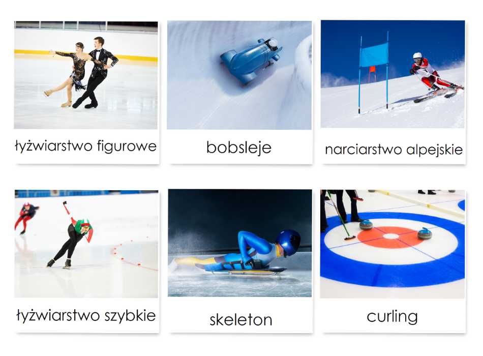 KARTY TRÓJDZIELNE - Olimpiada zimowa - sporty Montessori 15 kart