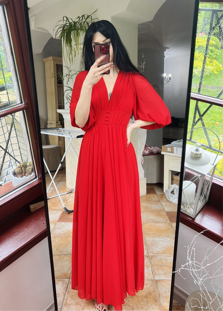 suknia sukienka zwiewna lejąca się długa wakacyjna hot red old america