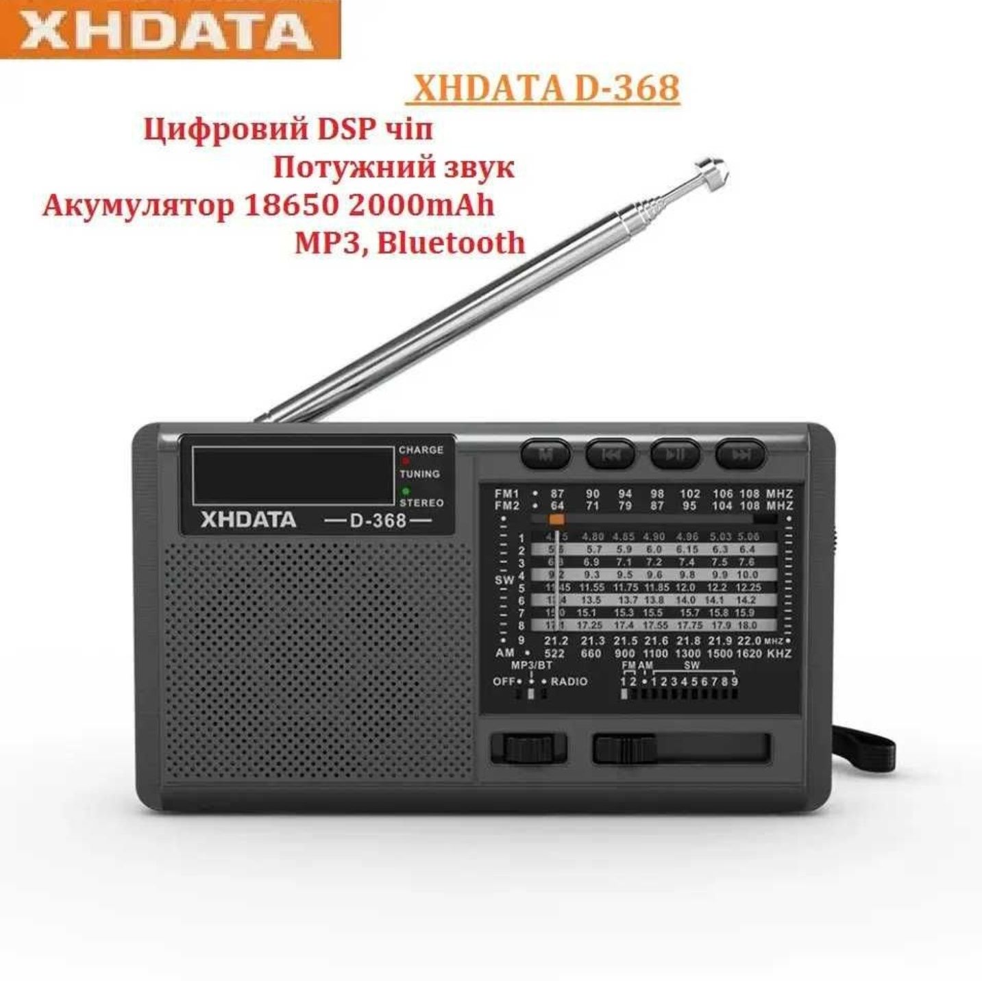 Xhdata d-368, радіоприймач(fm,am,sw,bluetooth,type C,18650,SD,USB.