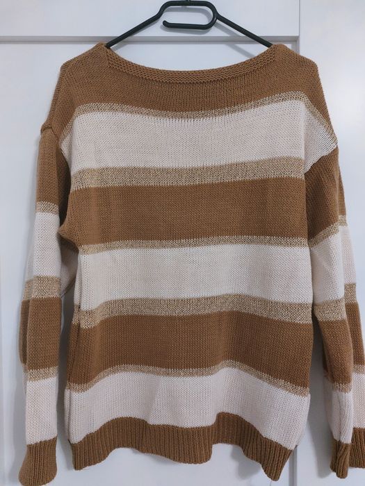 Sweter w pasy beżowo brązowe złote