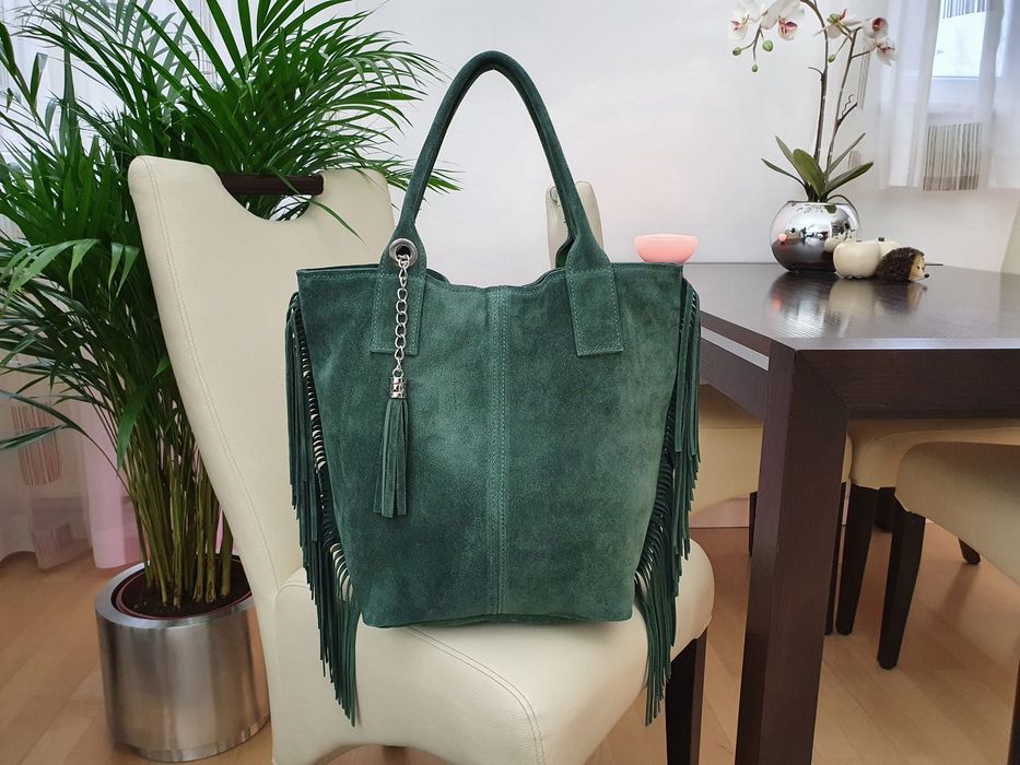 VERA PELLE torebka damska zamszowa shopper z frędzlami V460 c.zielona