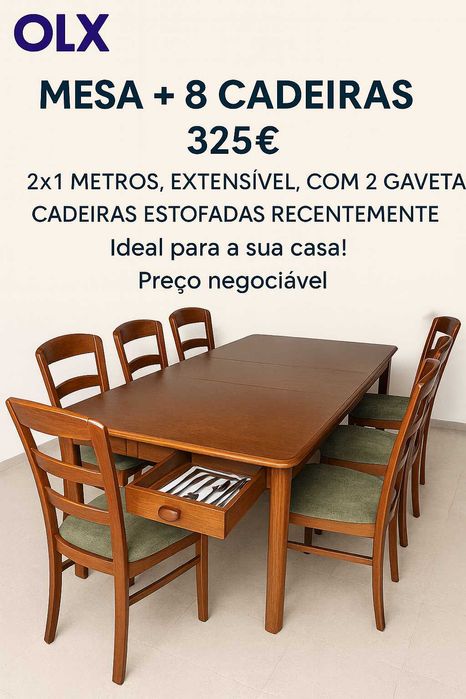 Conjunto Mesa + 8 Cadeiras — usado, em excelente estado!