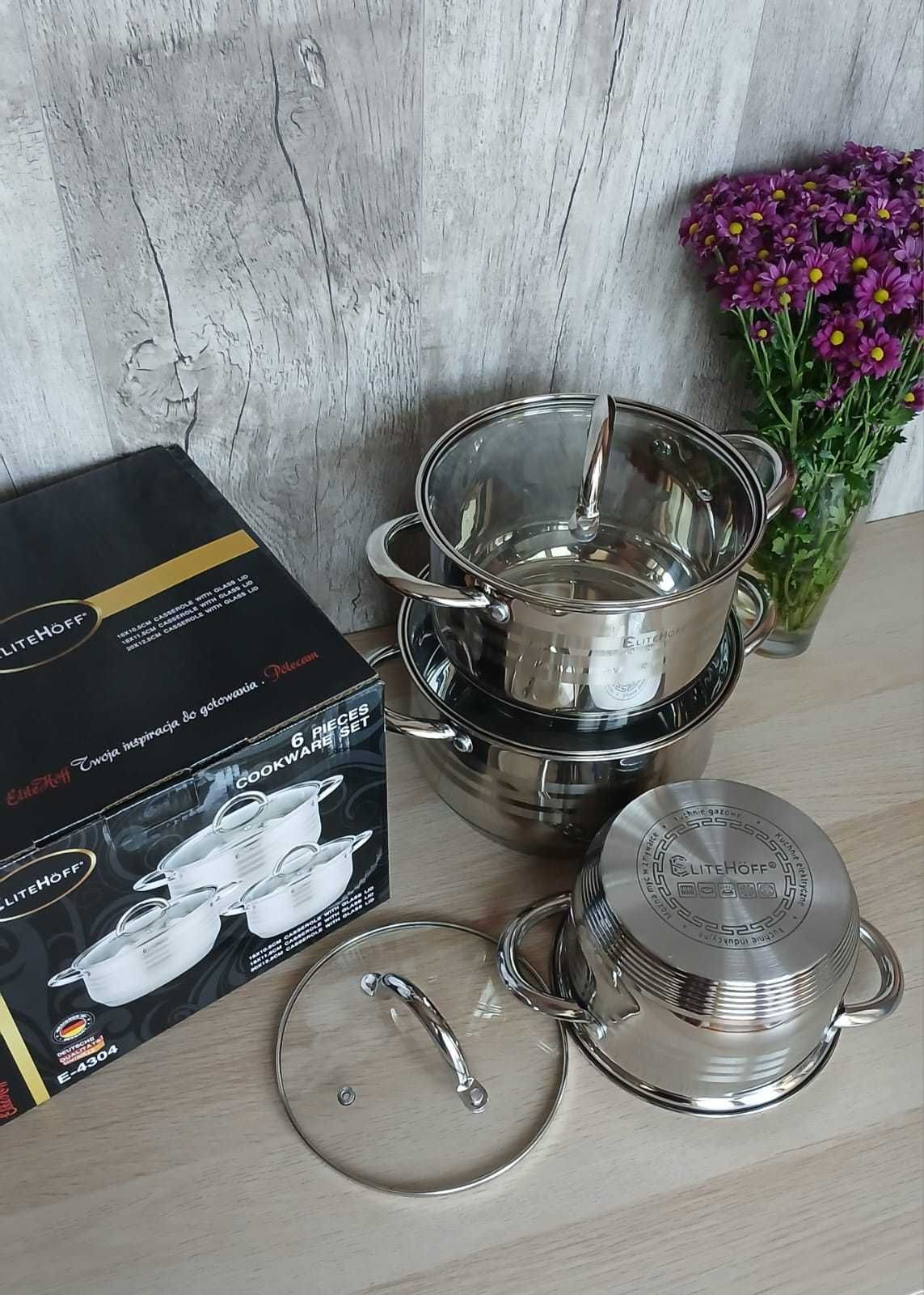 Garnki EliteHoff 6 elementów zestaw 3 garnków 18/20/22 cm na indukcję