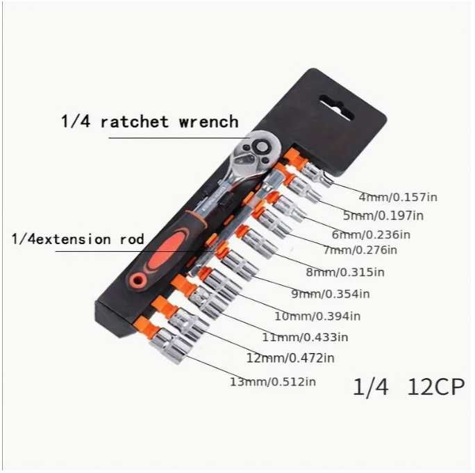 Набір з 12 штук торцевих ключів з тріскачкою.