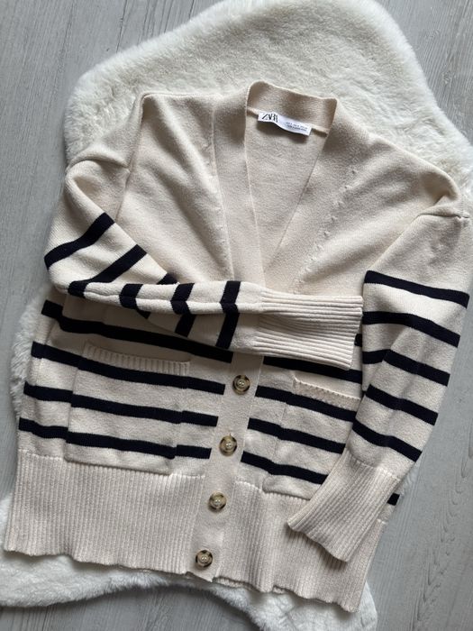 Sweter kardigan w paski Zara rozmiar S wiskoza beż