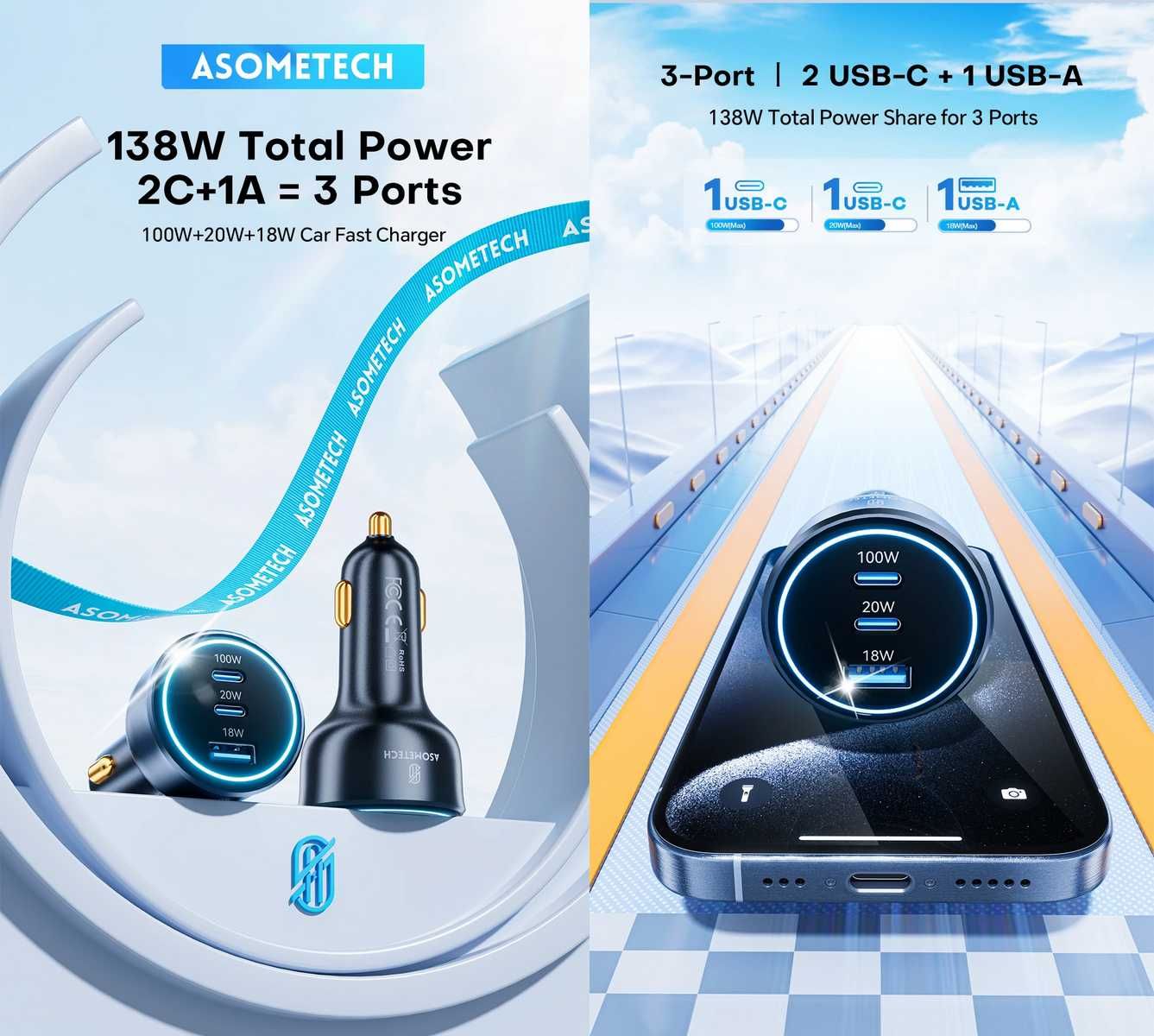 Автомобільні зарядні пристрої VOLTME 65W 2C1A / ASOMETECH 138W 2C1A