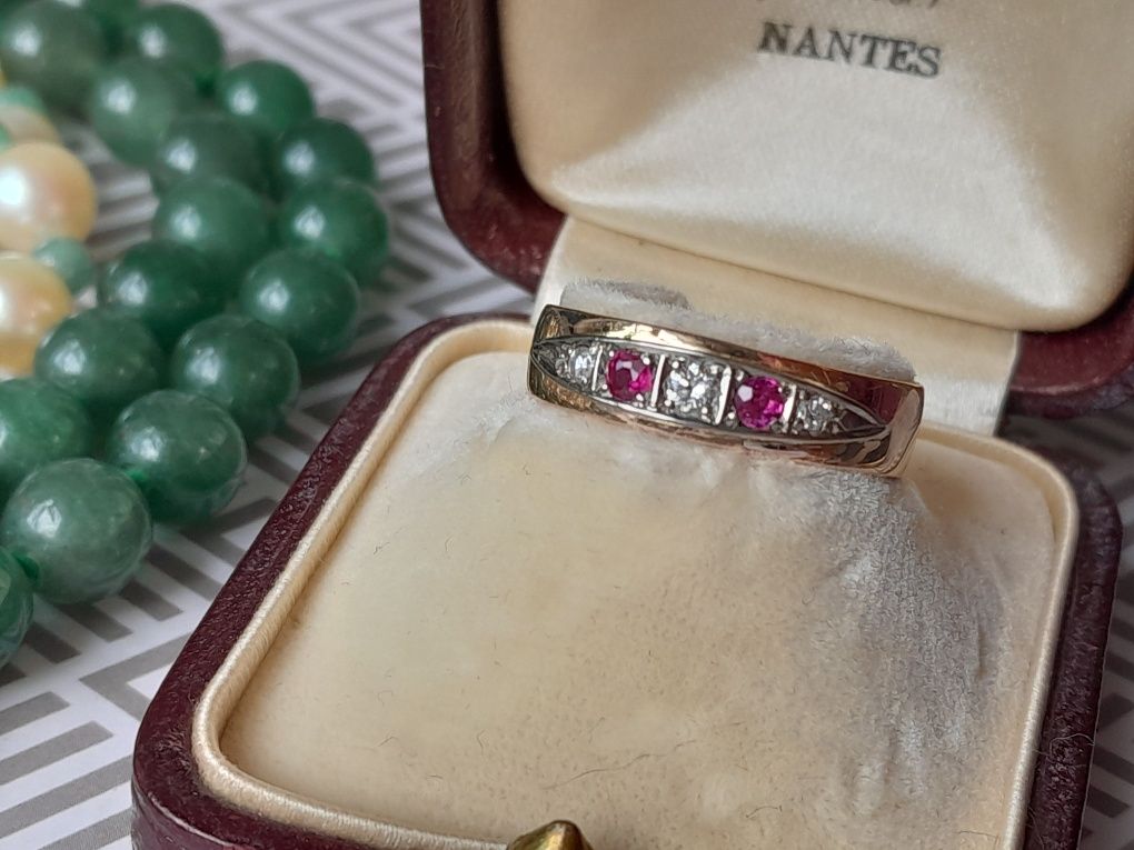 R.16 Pierścionek 4.7g Art Deco Rubiny Diamenty Złoto 585