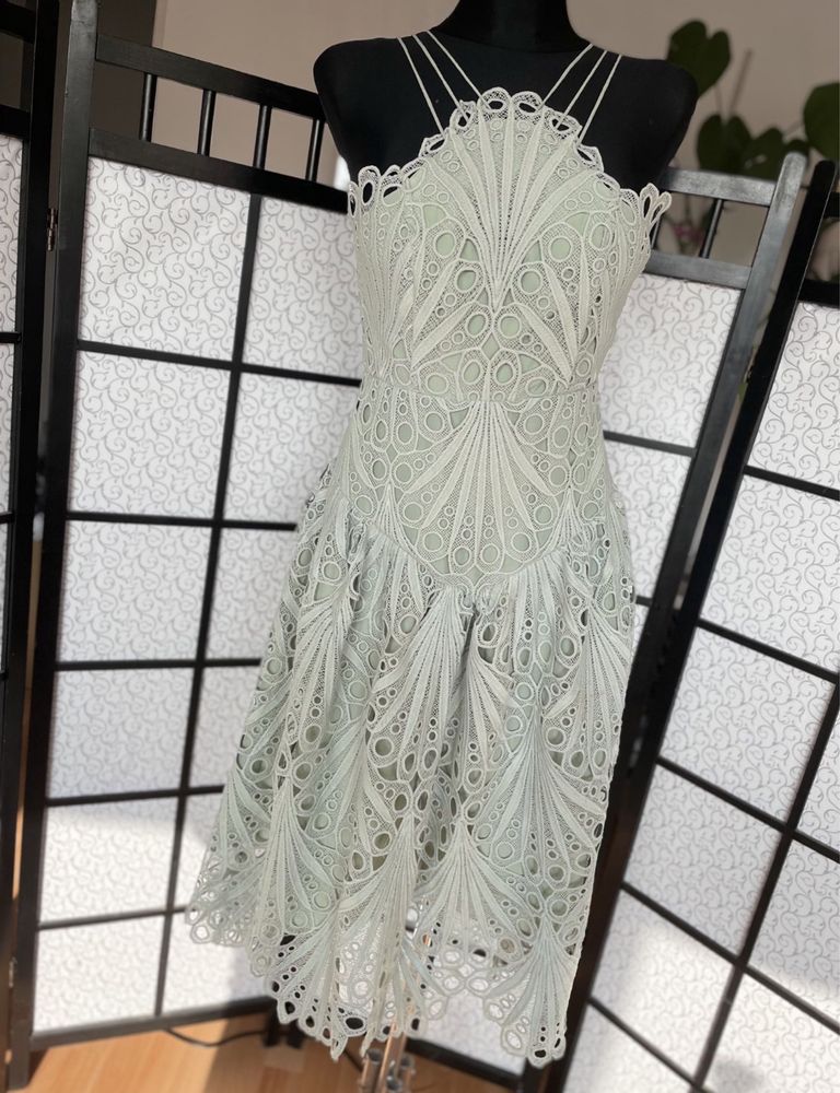 Miętowa koronkowa ażurowa sukienka midi 36 s 38 m asos