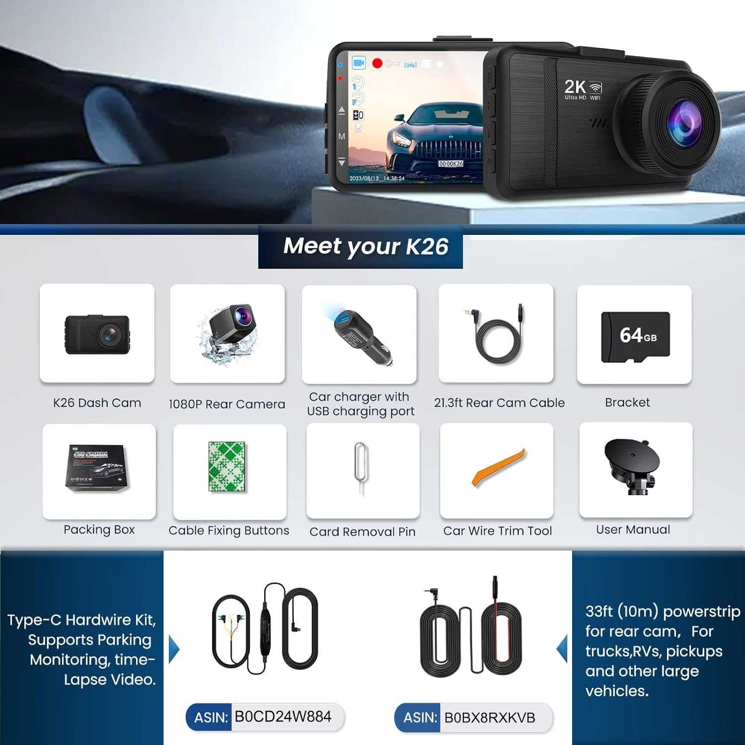 Kamera samochodowa 2K, 3" LCD z kartą 64 GB Udatuhao