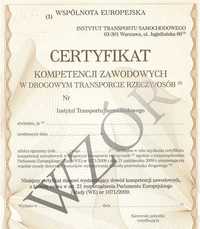 Certyfikat Kompetencji Zawodowych w Transporcie Rzeczy.