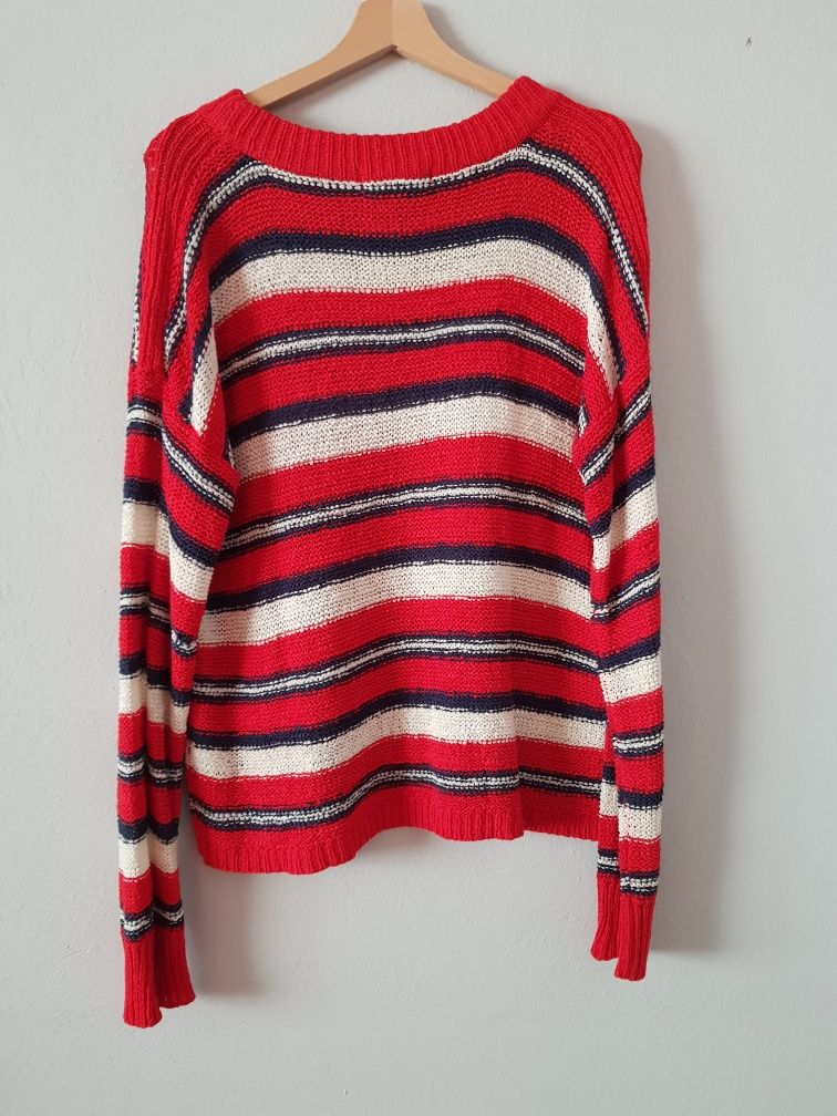 Czerwony beżowy granatowy sweter w paski, Atmosphere, rozmiar 42