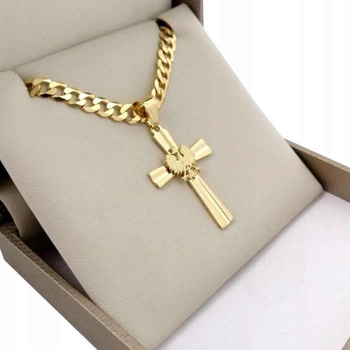 Złoty Łańcuszek Męski Z Krzyżykiem 585, 925 Wisiorek Krzyż Orzeł Godło