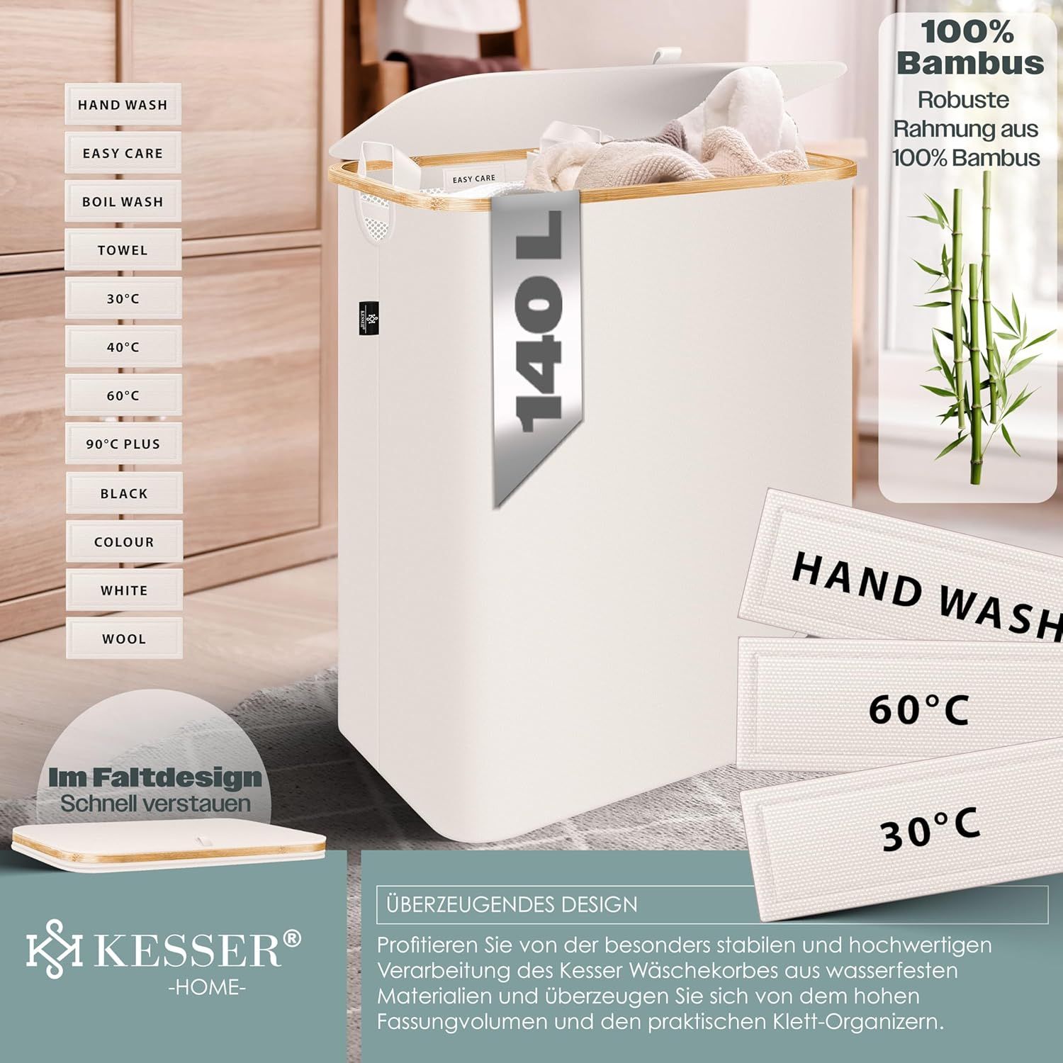 Kosz na pranie 140L z pokrywką, 3 worki, beżowy