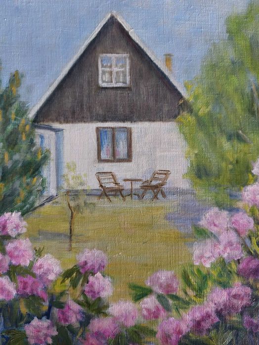Obraz na płótnie w drewnianej ramie domek na wsi peonie