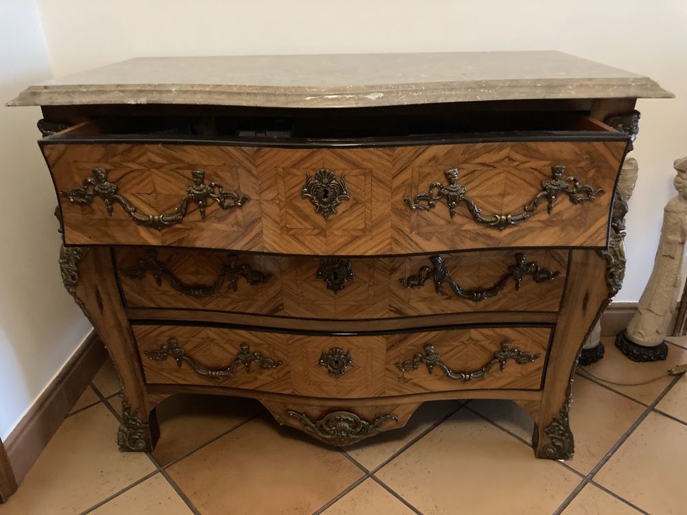 Cómoda Antiga Madeira e Mármora com 3 gavetas