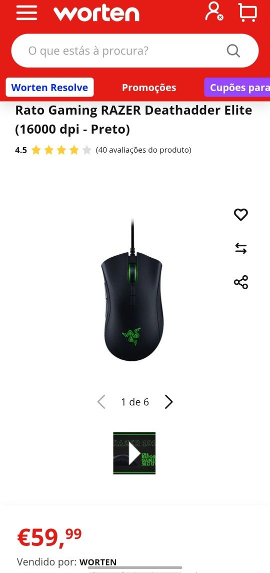 Rato Gaming Razer DeathAdder Elite C/Novo