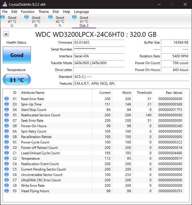 Dysk twardy HDD 2.5" WD 320GB WD3200LPCX używany stan bdb 850h