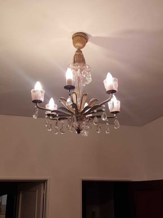 Candeeiro de teto vintage em cristal e latão – 6 braços