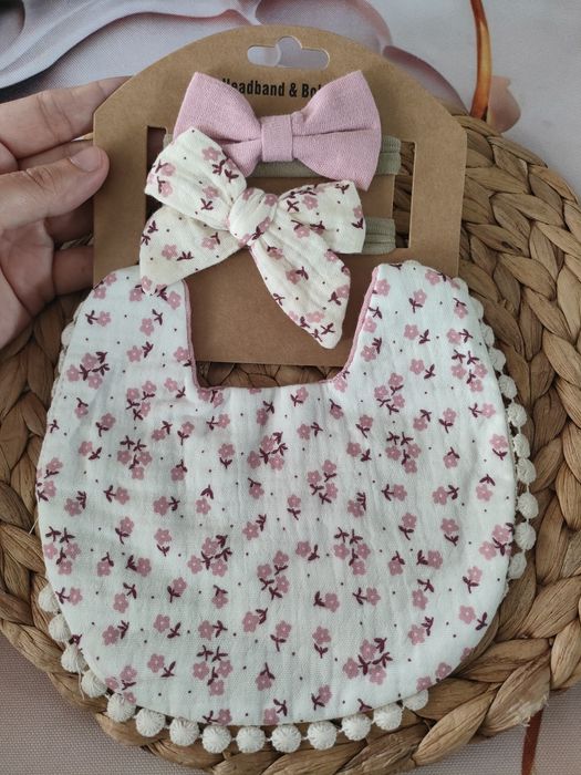 Dwustronny śliniaczek + 2 opaski Vintage/Boho