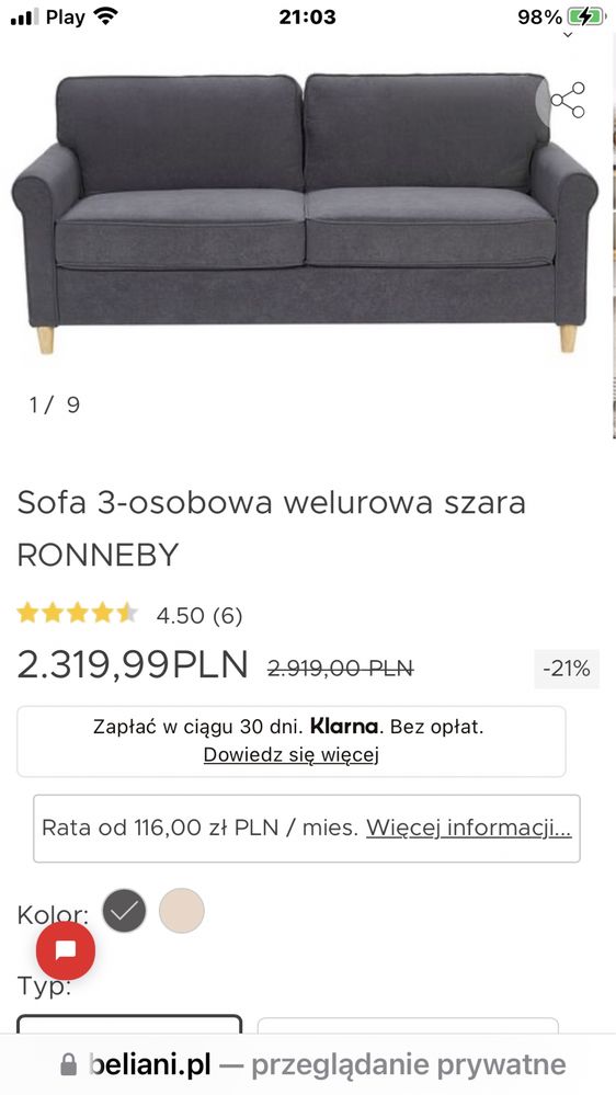 Beliani sofa 3- osobowa Ronneby- jak nowa!