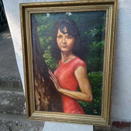 Картина Женщина в красном Lady in red, 68х47 см. Живопись на холсте