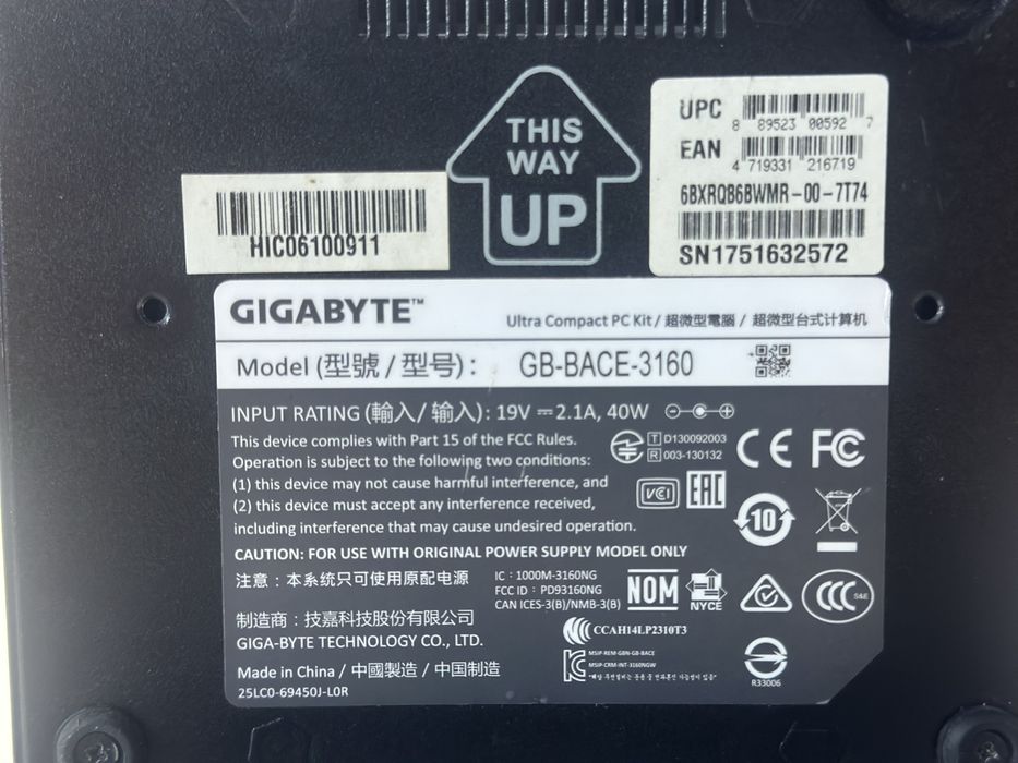 Міні ПК Gigabyte BRIX GB-BACE-3160/Intel CeleronN3160/RAM4GB/SSD128