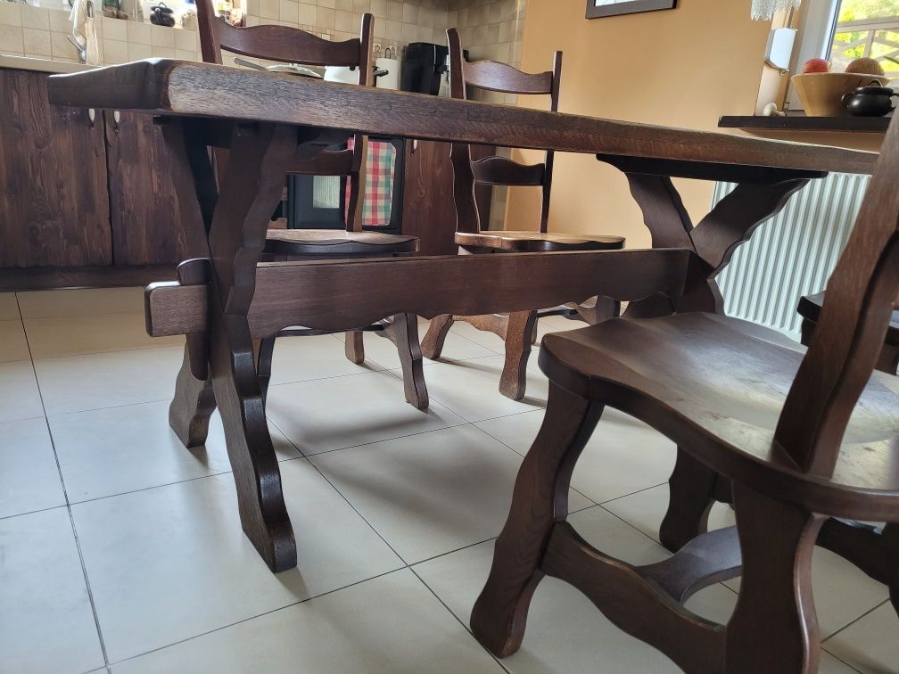 Stół drewniany dębowy ryflowany, 180 cm x 87, 4 krzesła