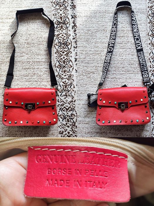 Итальянская кожаная сумка красного цвета, кожа натуральная