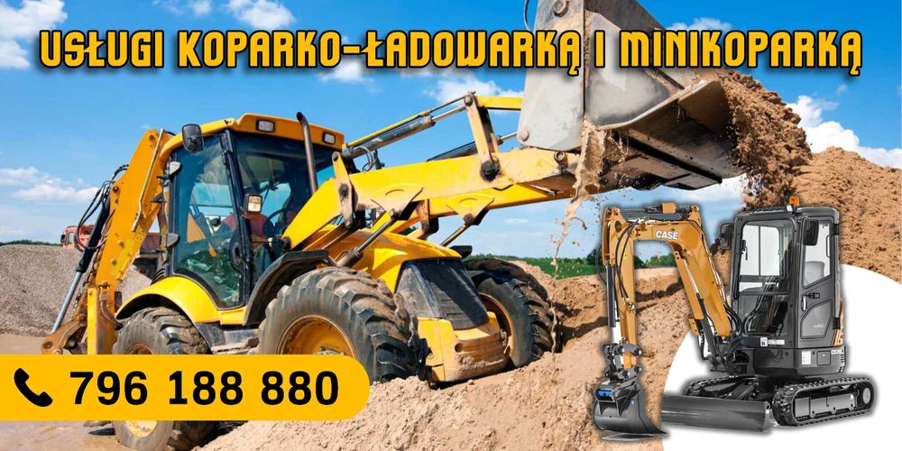 Usługi koparko ładowarką, minikoparką, koparką kołową  i rębakiem