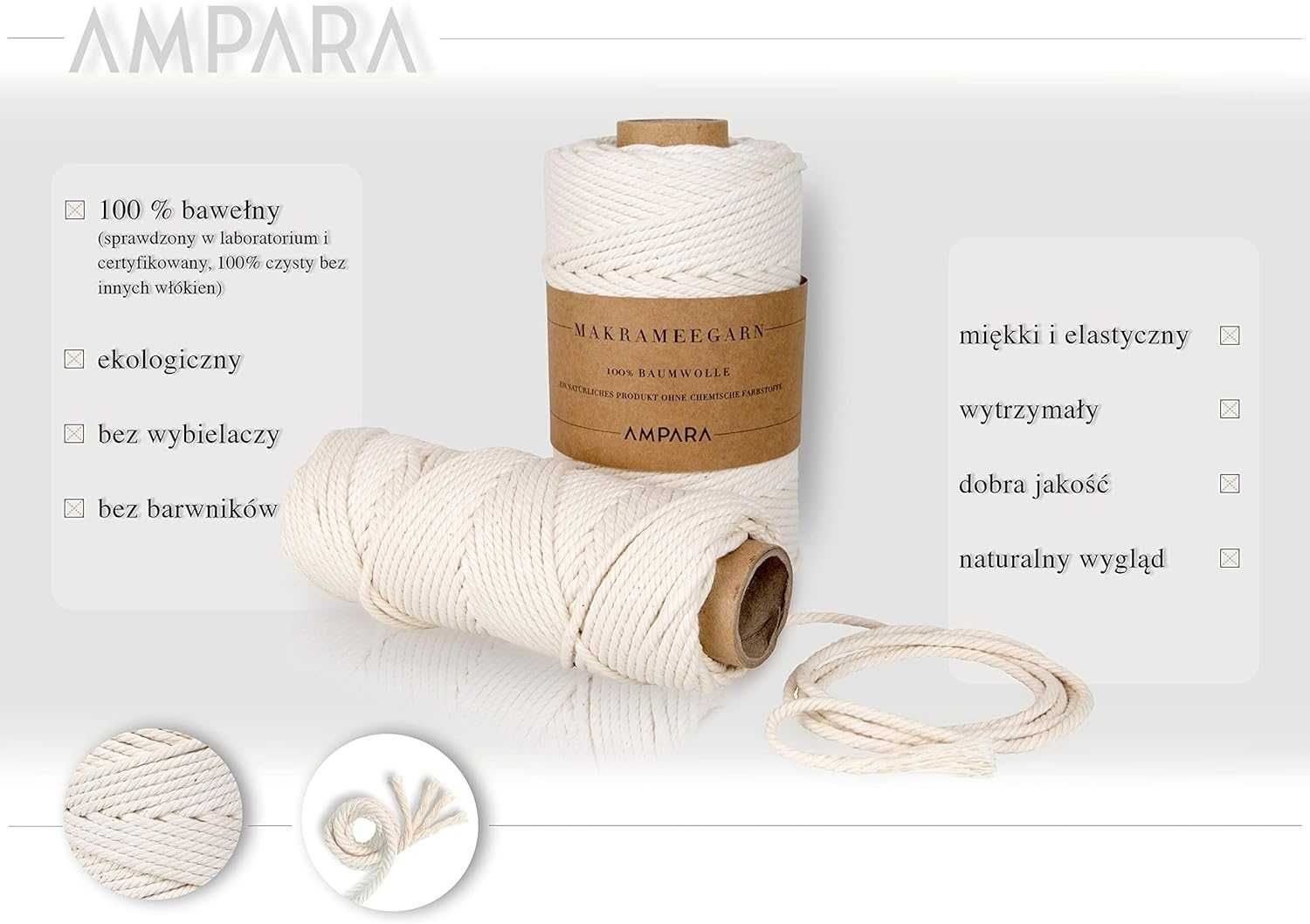 Ampara Makrama sznurek do makramy miękki 4mm x 120m bawełniany przędza