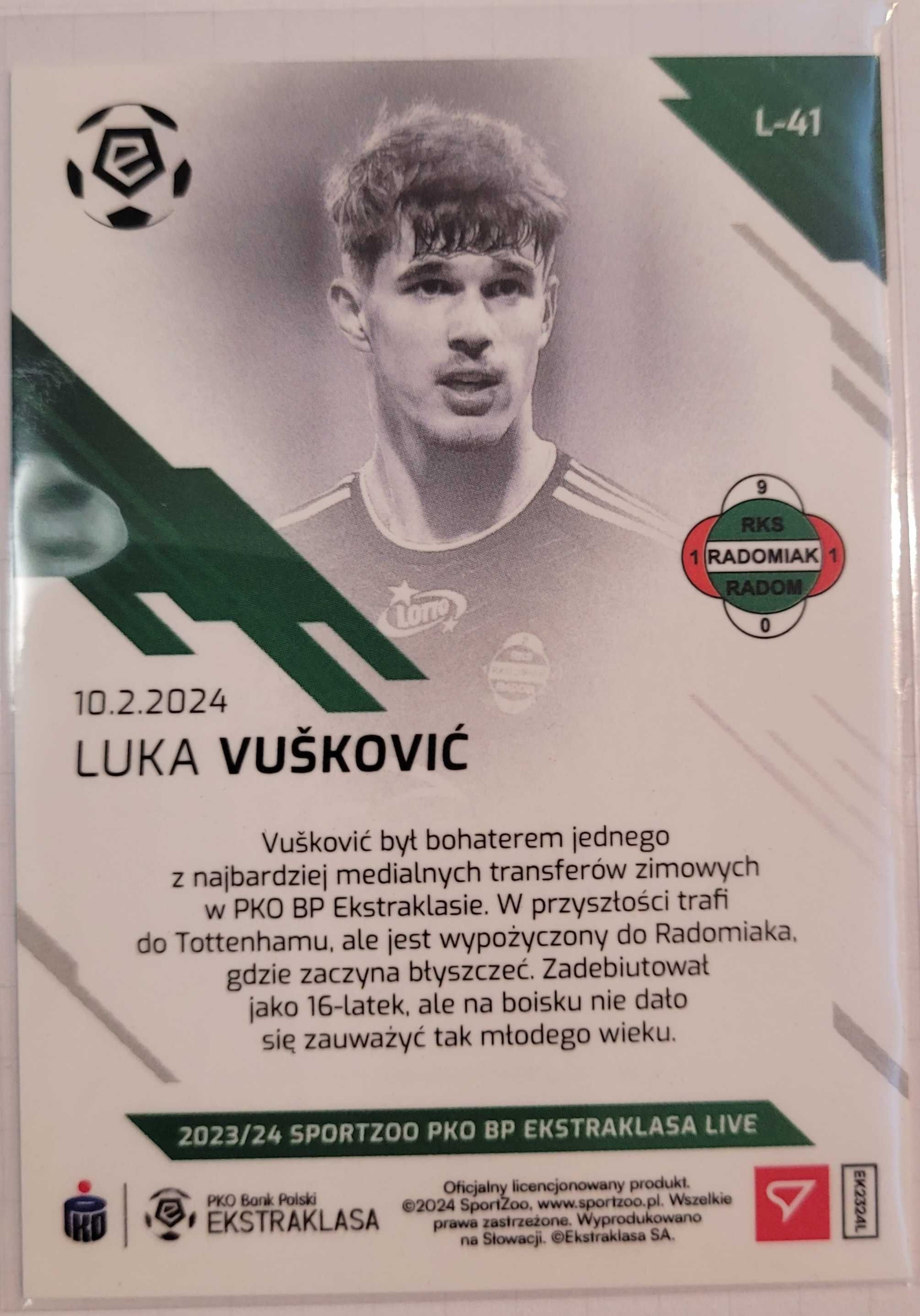 KARTA L-41 Luka Vušković PKO Ekstraklasa 2023/24 LIVE Radomiak Radom